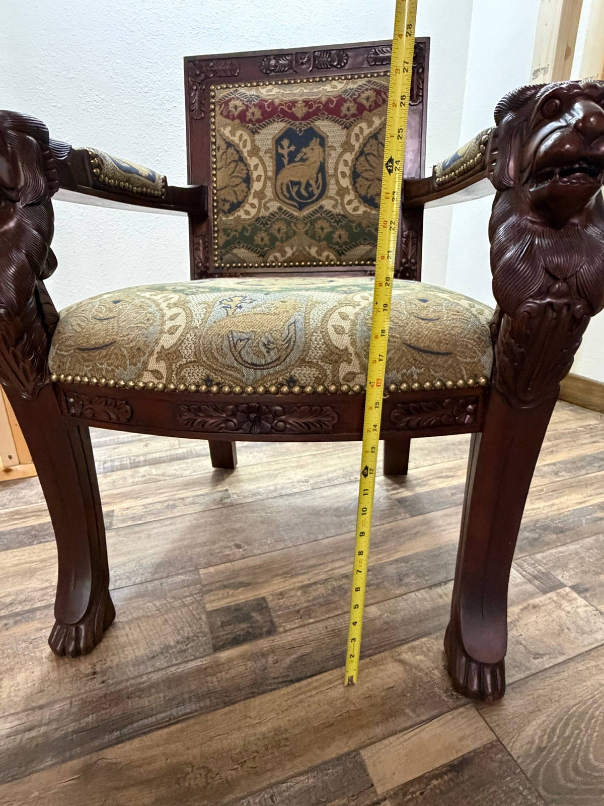 Pair Ornate Carved Wood Lion Head Armchairs Tapestry Upholstery Paw Feet