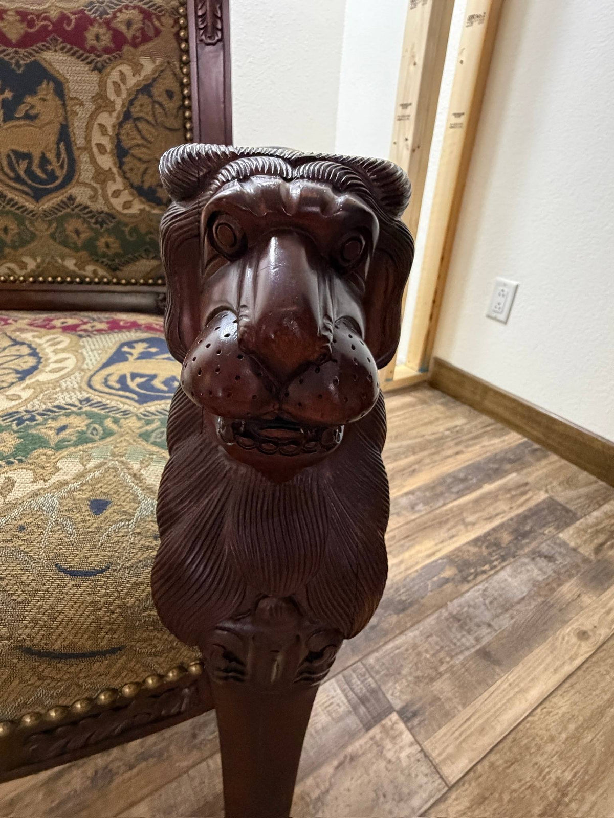 Pair Ornate Carved Wood Lion Head Armchairs Tapestry Upholstery Paw Feet