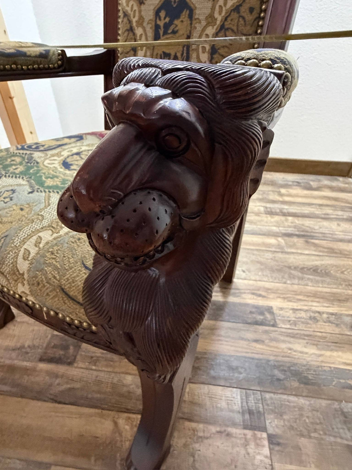 Pair Ornate Carved Wood Lion Head Armchairs Tapestry Upholstery Paw Feet