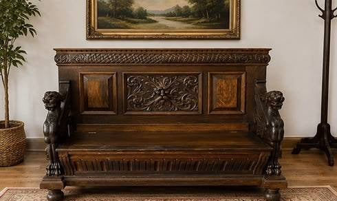 Antique Renaissance Revival Carved Wood Griffin/Lion Hall Bench Settle with Storage