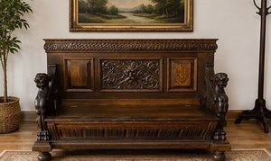 Antique Renaissance Revival Carved Wood Griffin/Lion Hall Bench Settle with Storage