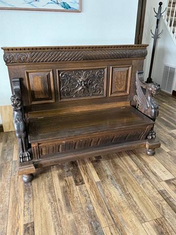 Antique Renaissance Revival Carved Wood Griffin/Lion Hall Bench Settle with Storage