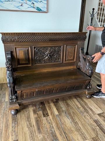 Antique Renaissance Revival Carved Wood Griffin/Lion Hall Bench Settle with Storage