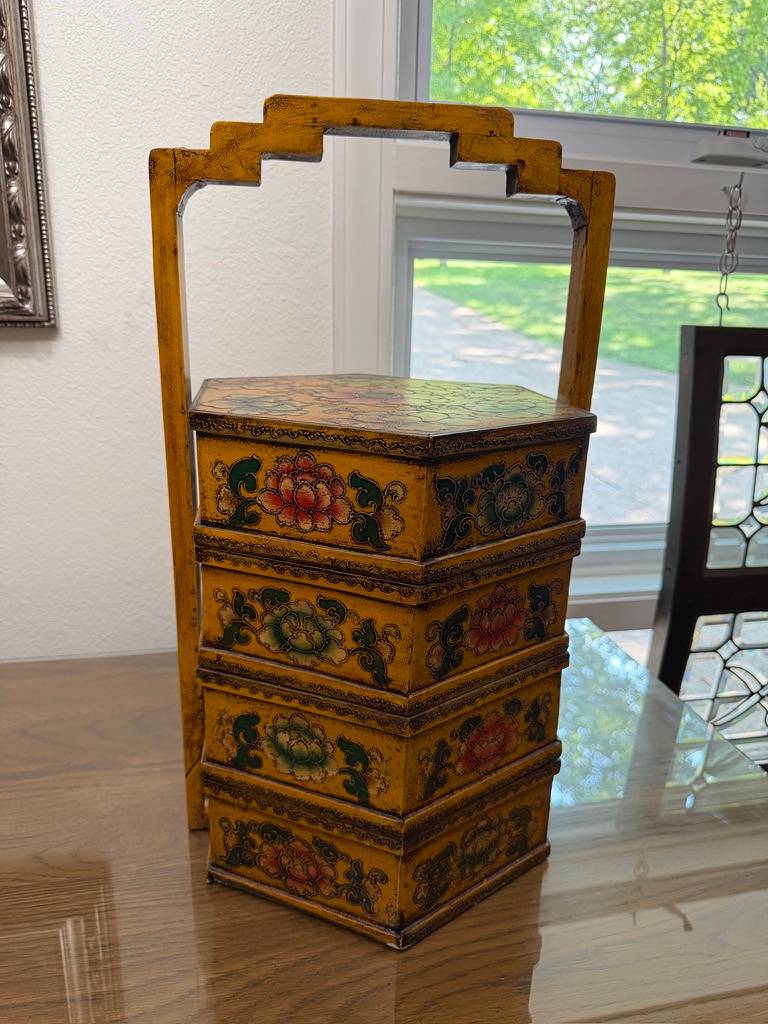 Hand-Painted Yellow Lacquer Chinese 3-Tier Stacking Wedding Basket