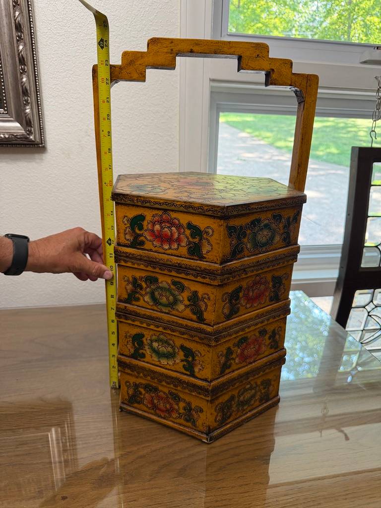 Hand-Painted Yellow Lacquer Chinese 3-Tier Stacking Wedding Basket