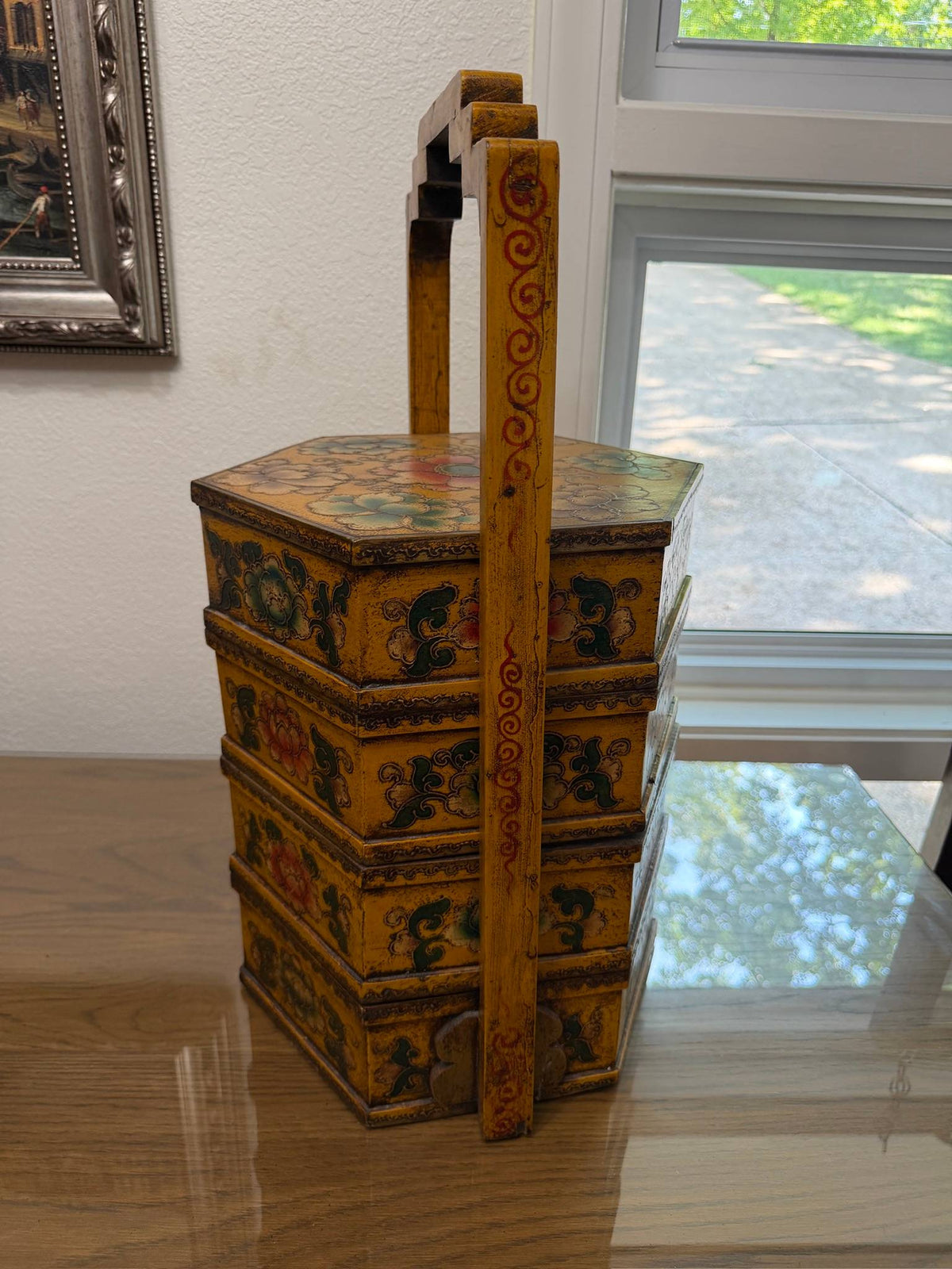 Hand-Painted Yellow Lacquer Chinese 3-Tier Stacking Wedding Basket