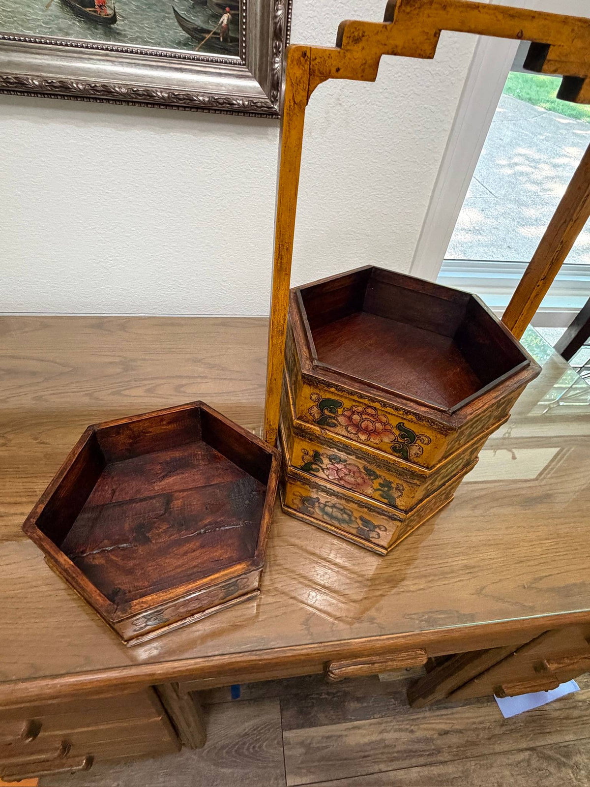 Hand-Painted Yellow Lacquer Chinese 3-Tier Stacking Wedding Basket
