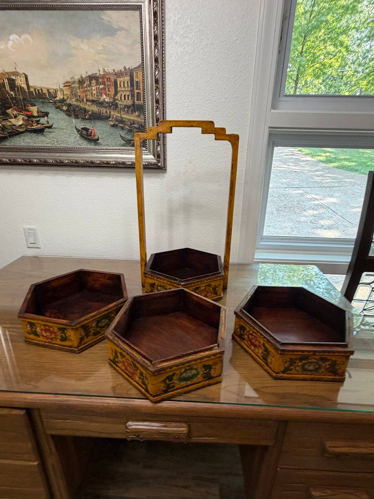 Hand-Painted Yellow Lacquer Chinese 3-Tier Stacking Wedding Basket