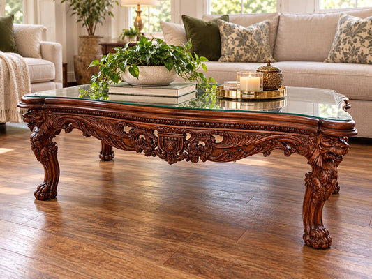 Ornate Carved Mahogany Coffee Table Glass Top Lion Heads Traditional