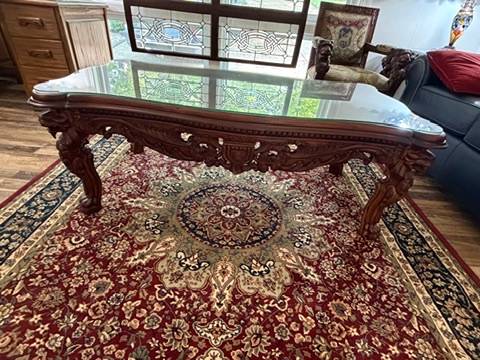Ornate Carved Mahogany Coffee Table Glass Top Lion Heads Traditional