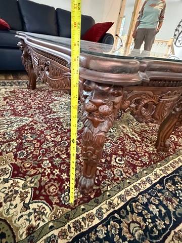 Ornate Carved Mahogany Coffee Table Glass Top Lion Heads Traditional