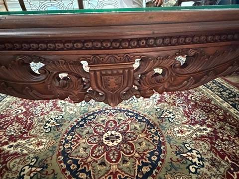 Ornate Carved Mahogany Coffee Table Glass Top Lion Heads Traditional