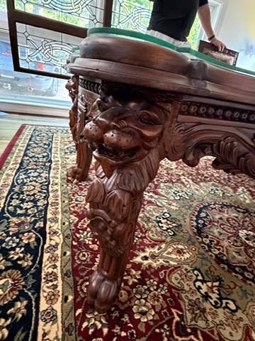 Ornate Carved Mahogany Coffee Table Glass Top Lion Heads Traditional