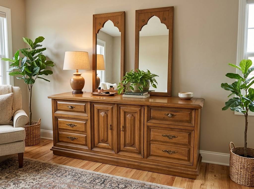 Vintage "Tierra" Solid Genuine Pecan Triple Dresser Credenza w/ Matching Twin Mirrors