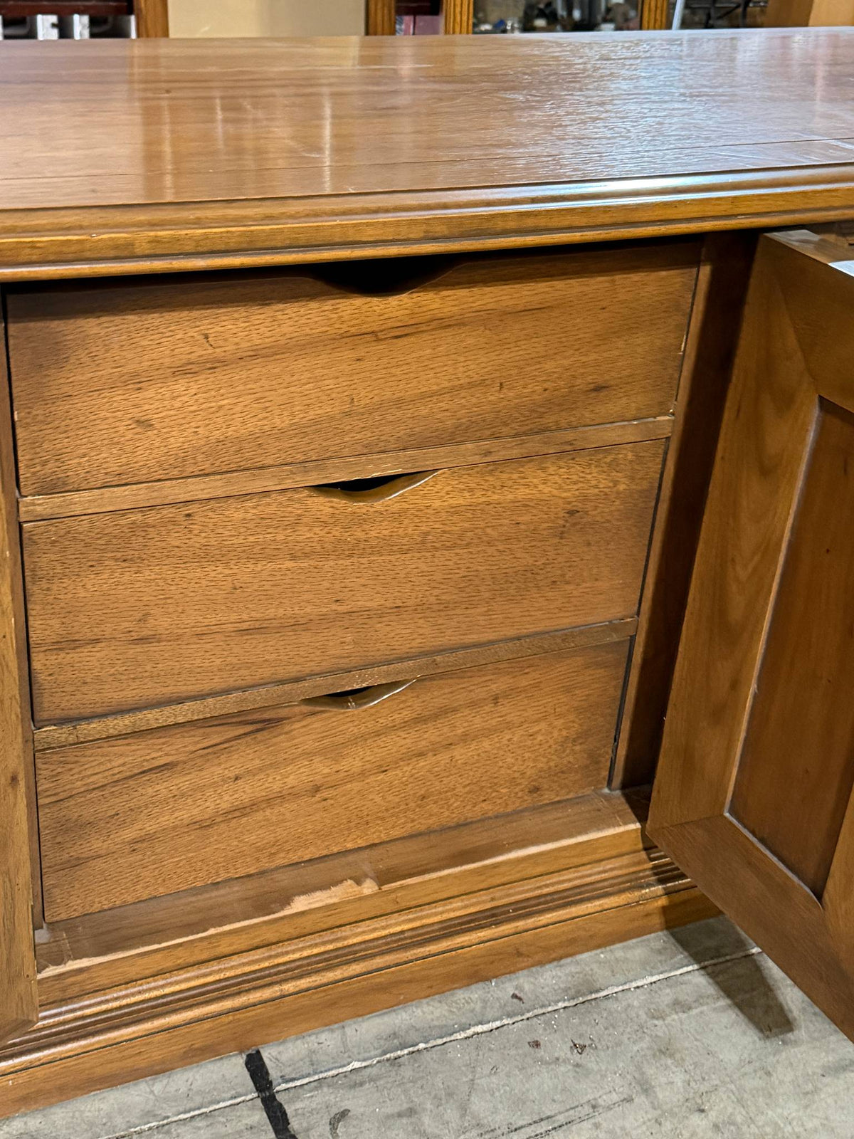 Vintage "Tierra" Solid Genuine Pecan Triple Dresser Credenza w/ Matching Twin Mirrors