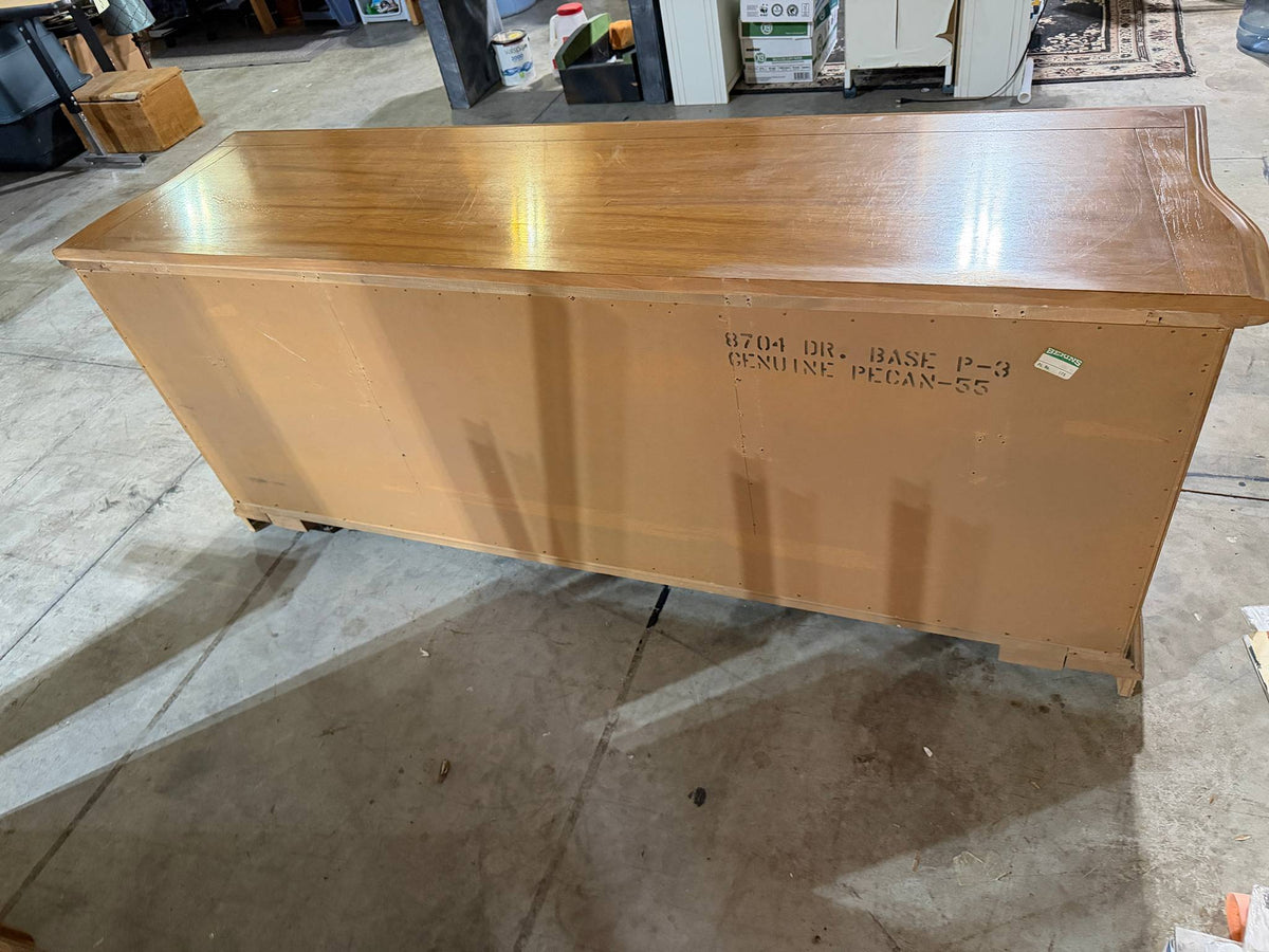 Vintage "Tierra" Solid Genuine Pecan Triple Dresser Credenza w/ Matching Twin Mirrors