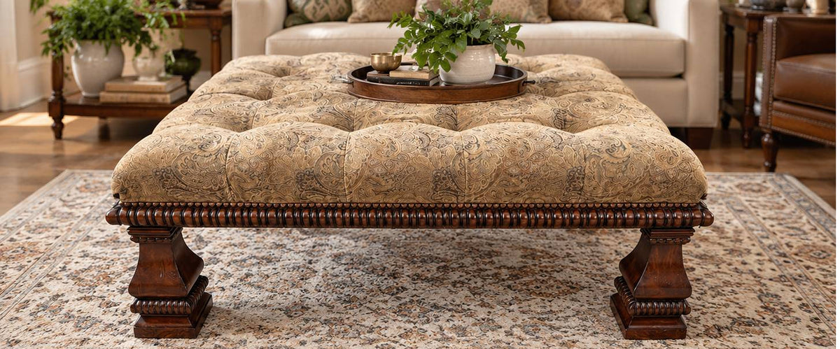 Tufted Upholstered Ottoman with Carved Wood Base