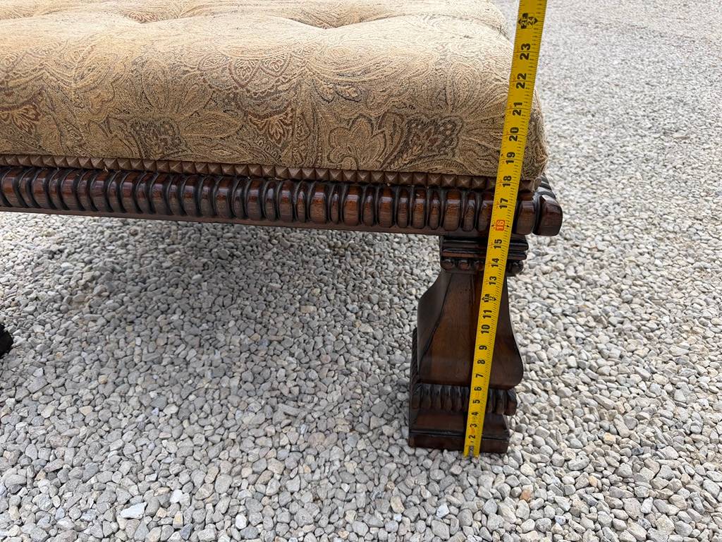 Tufted Upholstered Ottoman with Carved Wood Base