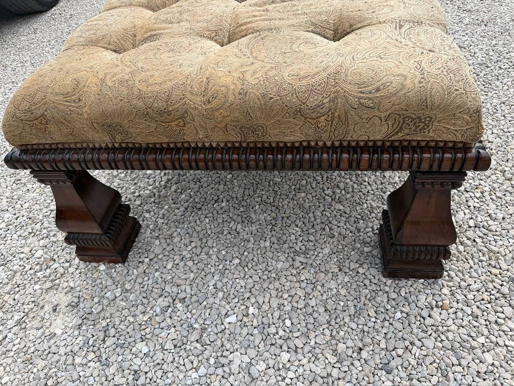 Tufted Upholstered Ottoman with Carved Wood Base