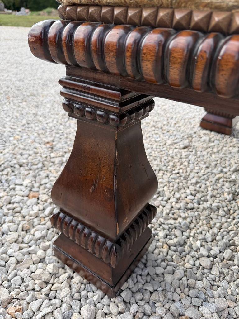 Tufted Upholstered Ottoman with Carved Wood Base