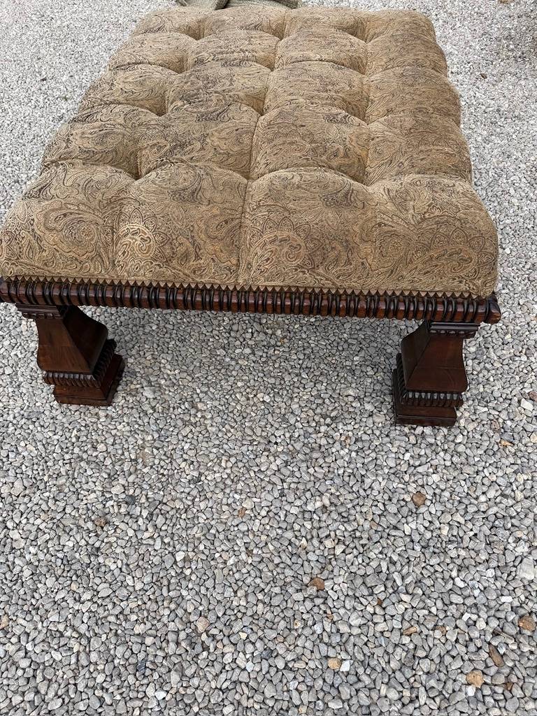Tufted Upholstered Ottoman with Carved Wood Base