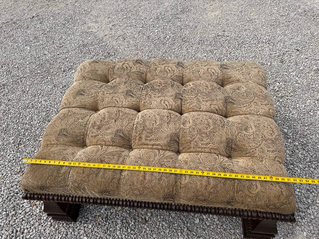 Tufted Upholstered Ottoman with Carved Wood Base