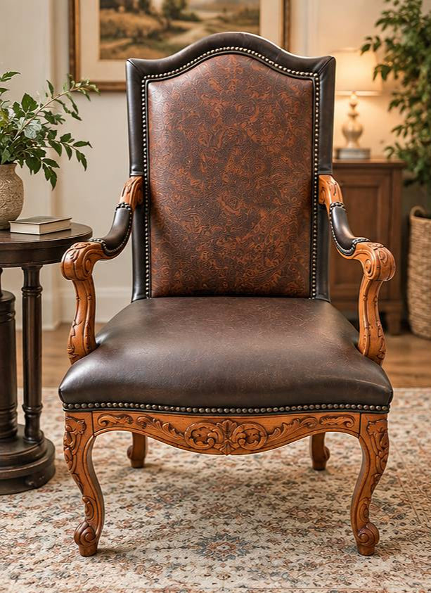 Carved Wood Traditional Armchair with Faux Leather Upholstery