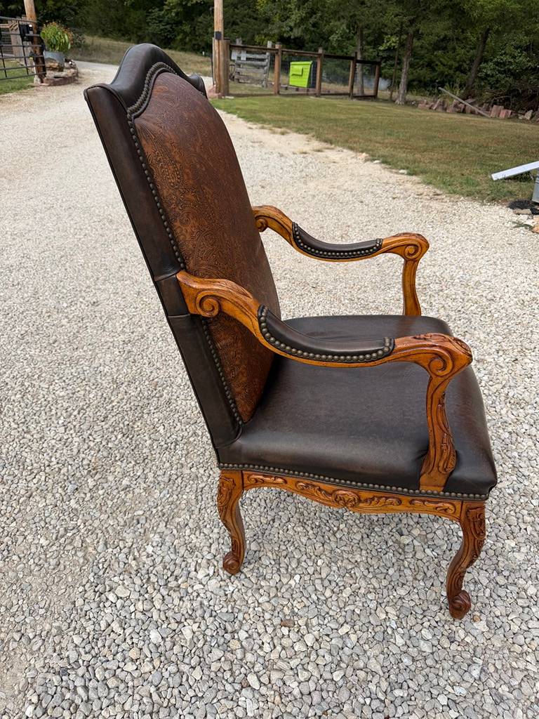 Carved Wood Traditional Armchair with Faux Leather Upholstery