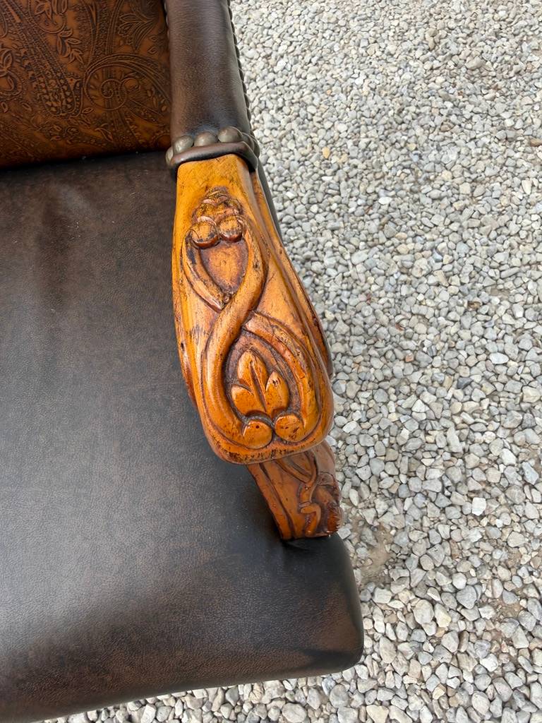 Carved Wood Traditional Armchair with Faux Leather Upholstery