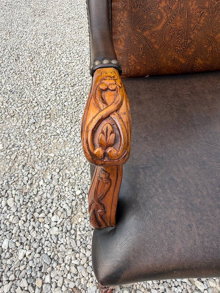 Carved Wood Traditional Armchair with Faux Leather Upholstery
