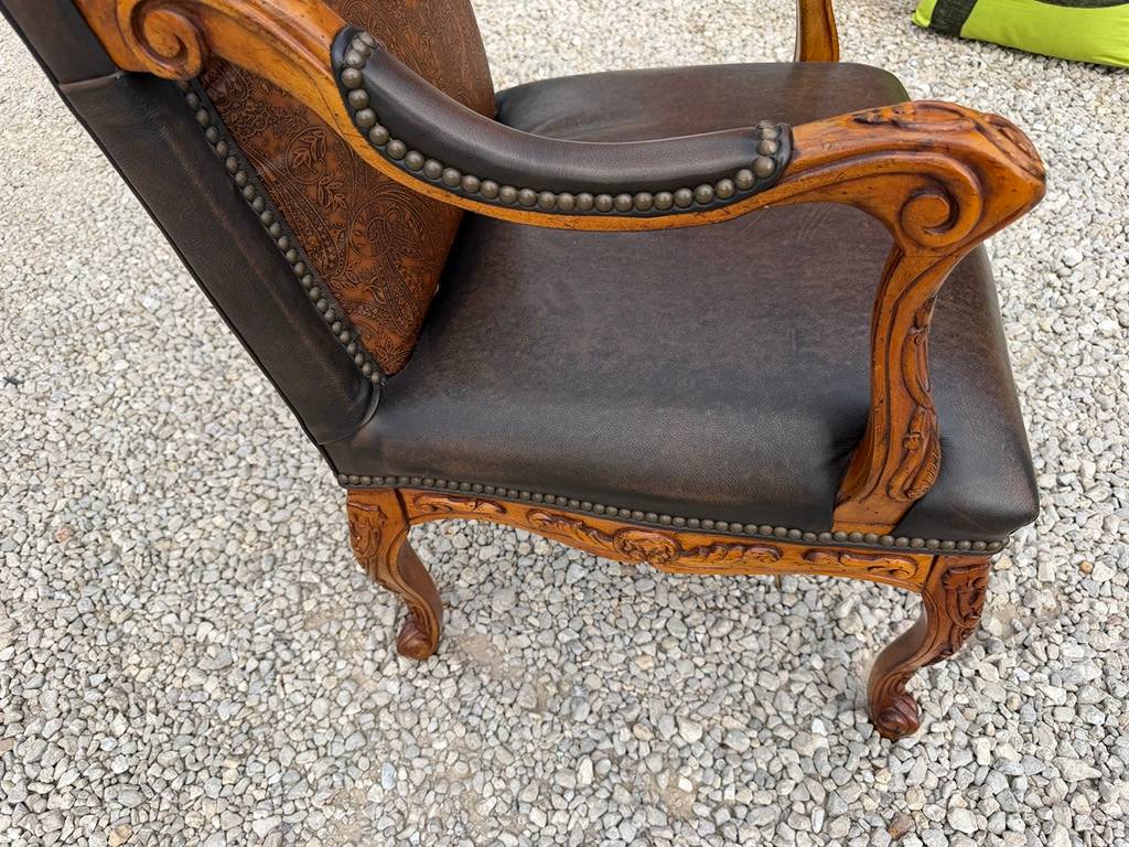 Carved Wood Traditional Armchair with Faux Leather Upholstery