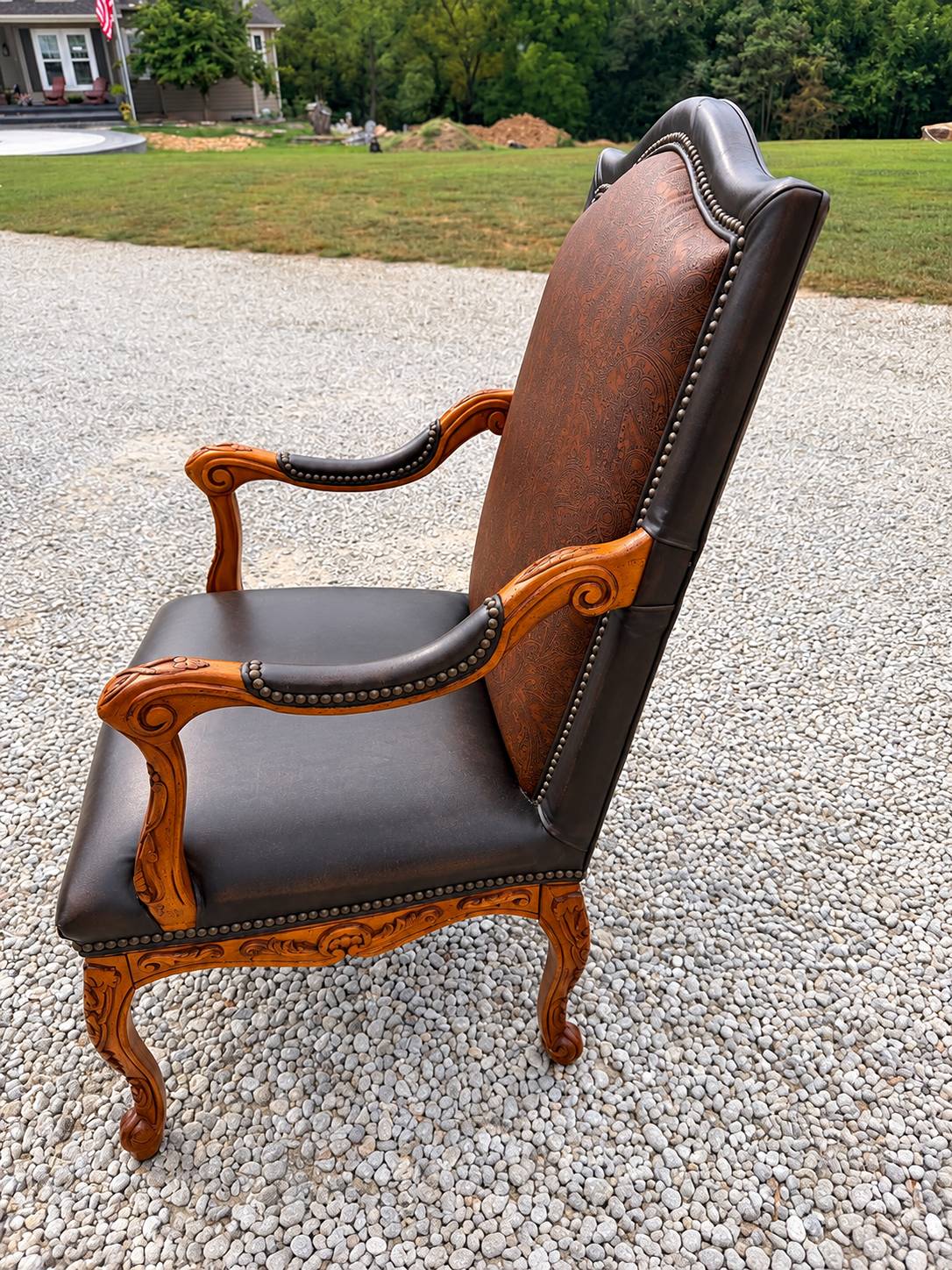 Carved Wood Traditional Armchair with Faux Leather Upholstery