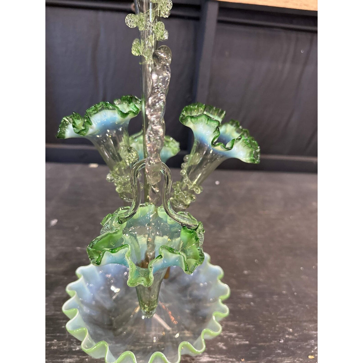 Victorian Epergne 5 horn vase with rigoree green