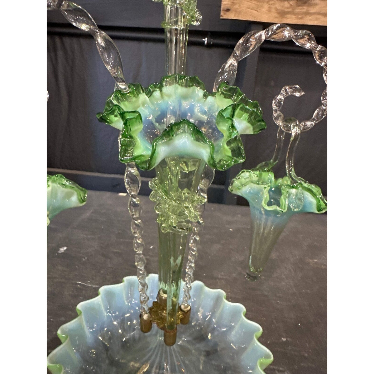 Victorian Epergne 5 horn vase with rigoree green