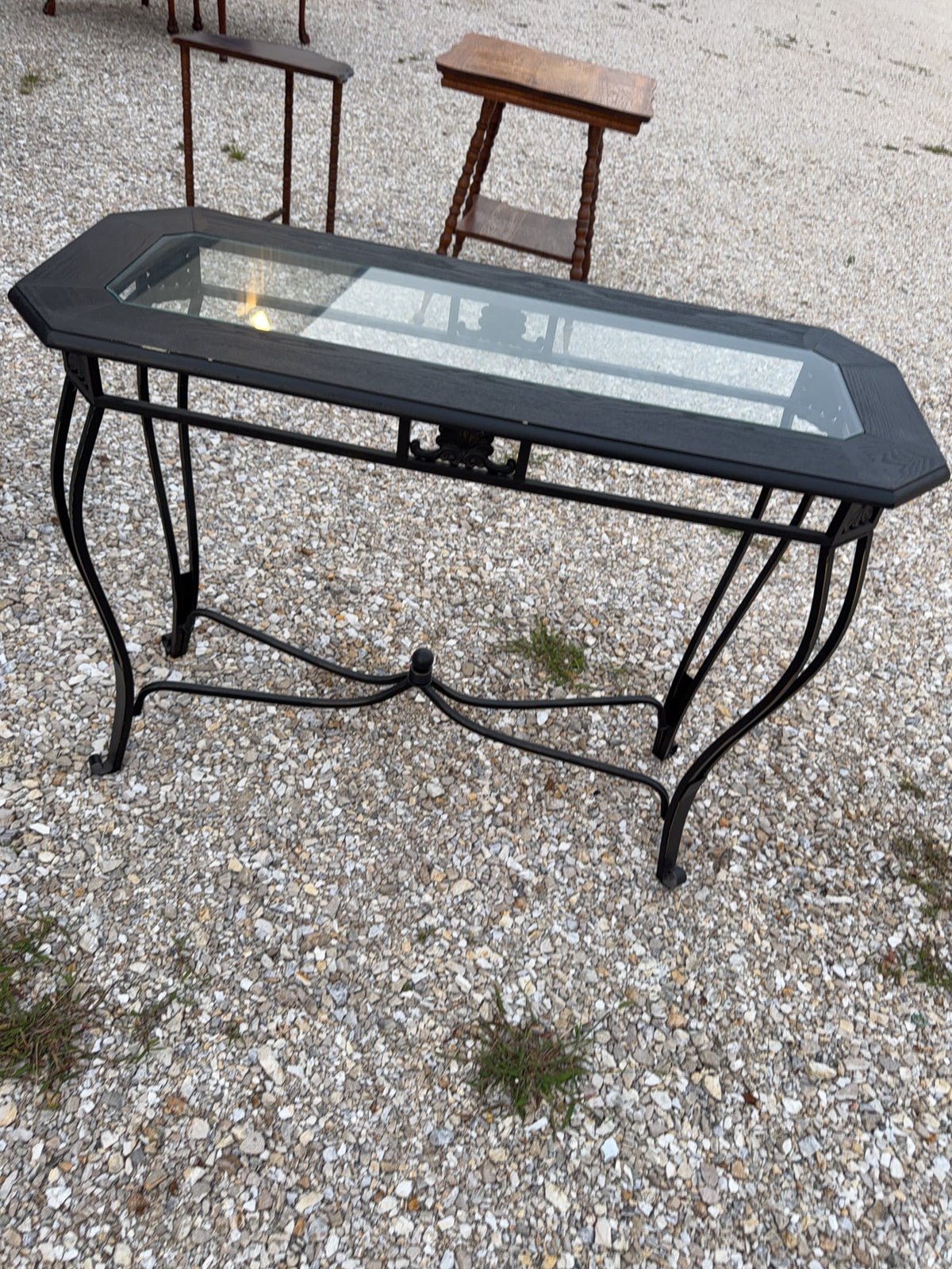 Metal and Wood Console Table with Glass Top