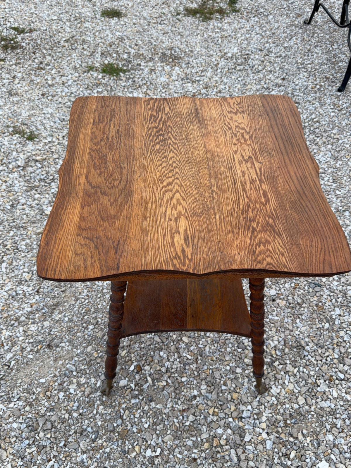 Wood Side Table with Carved Top and Shelf