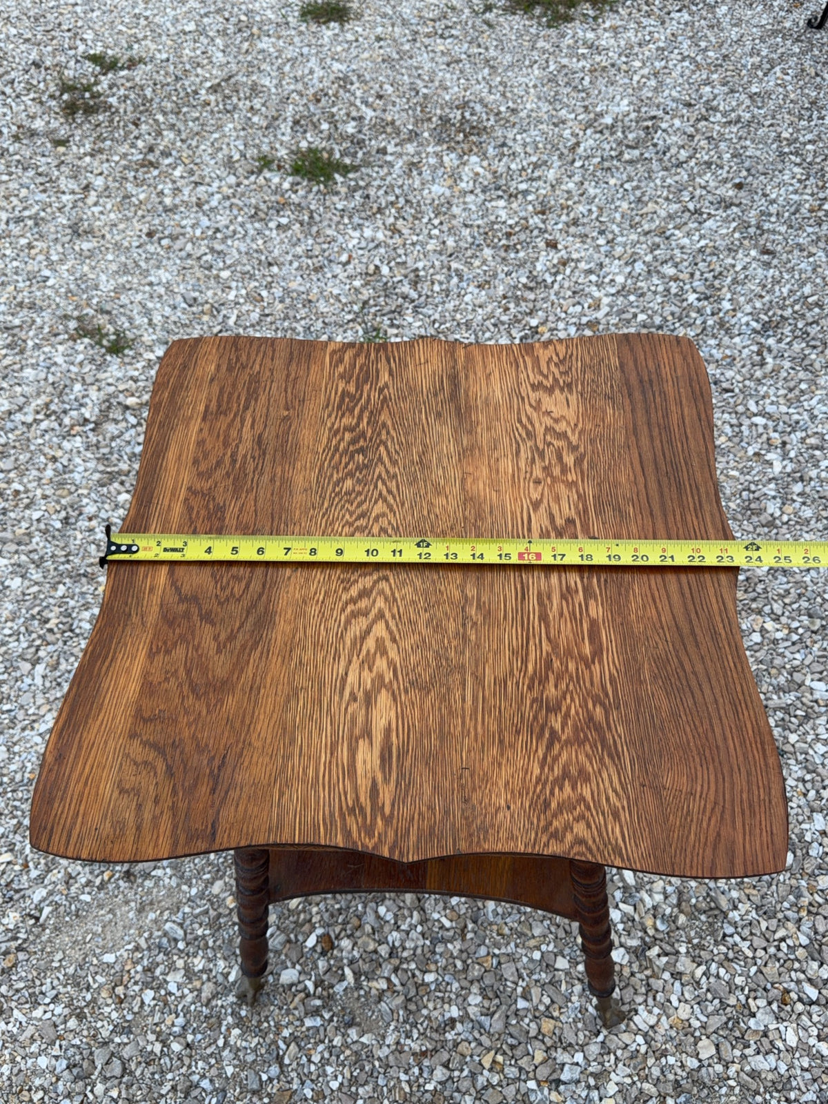 Wood Side Table with Carved Top and Shelf