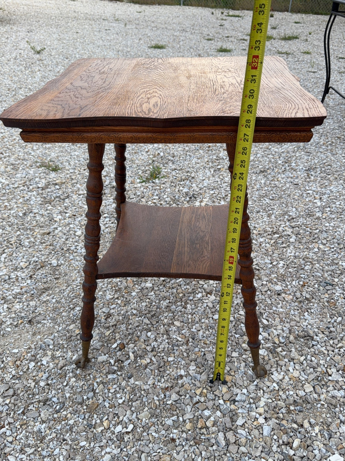 Wood Side Table with Carved Top and Shelf
