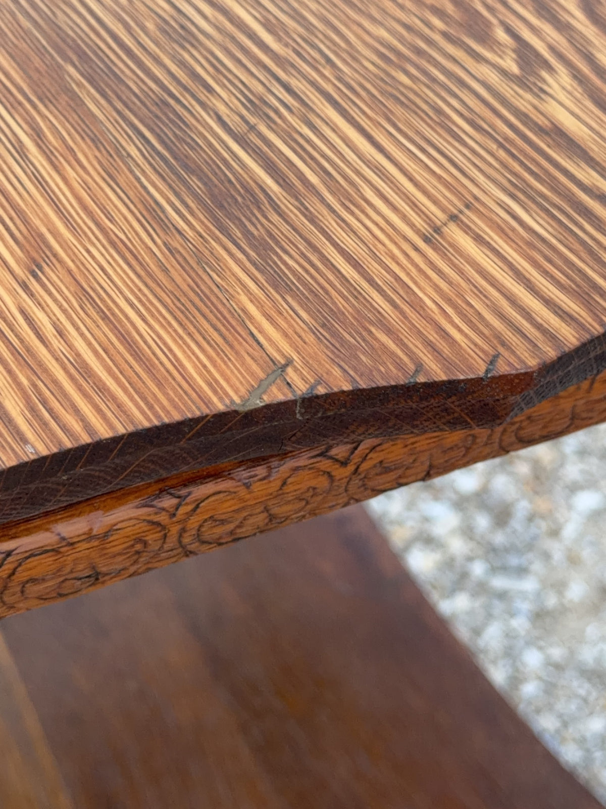 Wood Side Table with Carved Top and Shelf