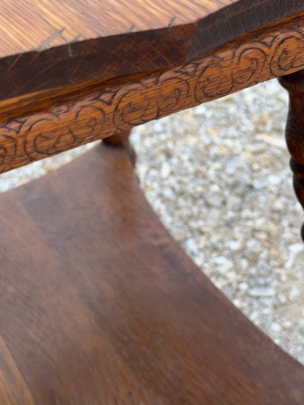 Wood Side Table with Carved Top and Shelf