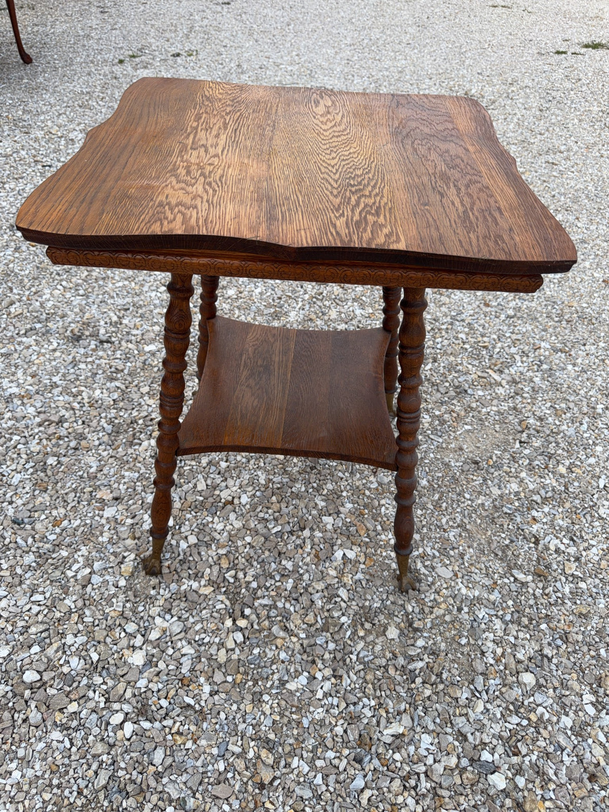 Wood Side Table with Carved Top and Shelf
