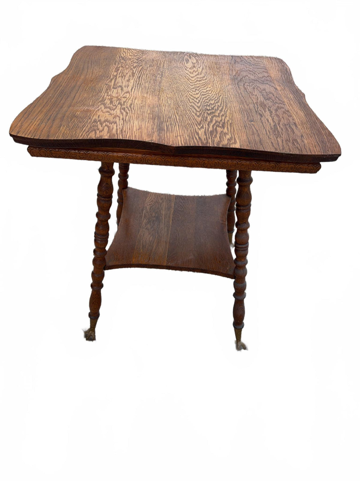 Wood Side Table with Carved Top and Shelf