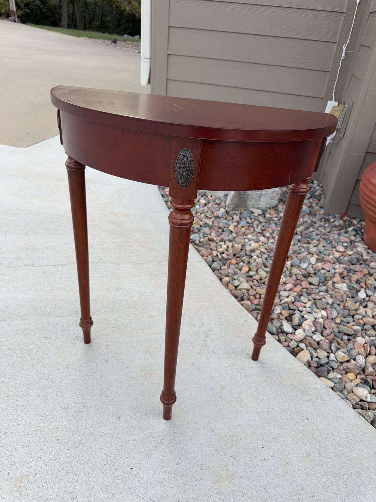 Mahogany Demilune Console Table with Brass Medallions