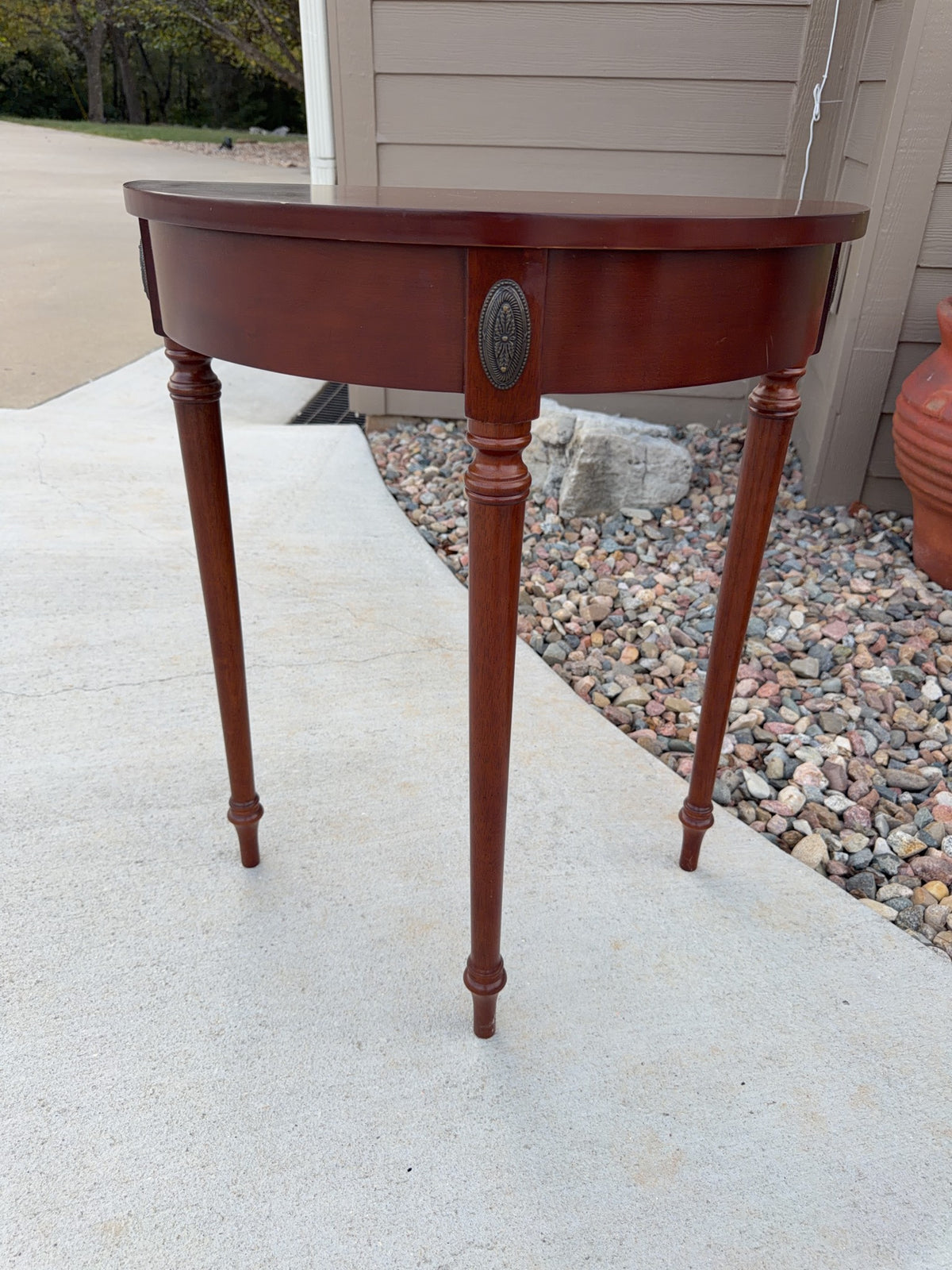 Mahogany Demilune Console Table with Brass Medallions
