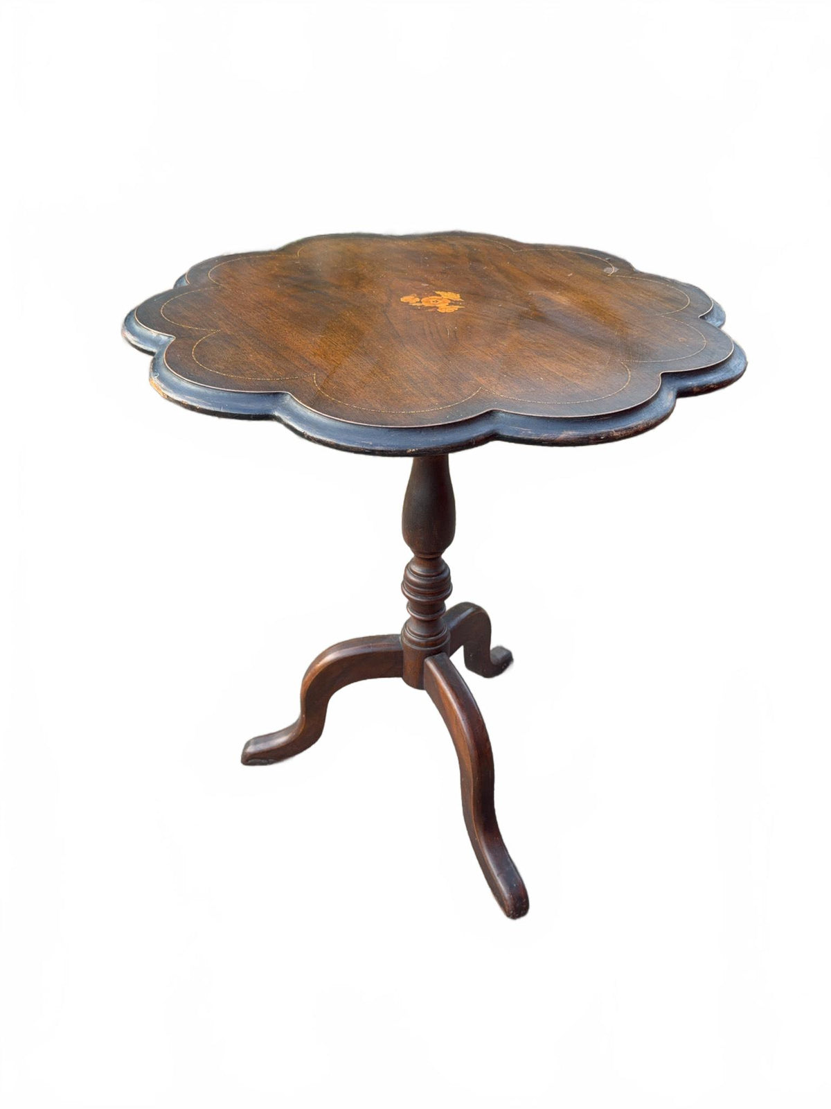 Scalloped Mahogany Tilt-Top Table With Floral Inlay
