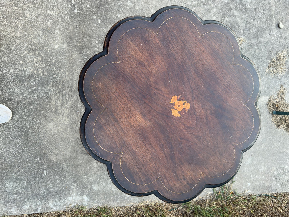 Scalloped Mahogany Tilt-Top Table With Floral Inlay