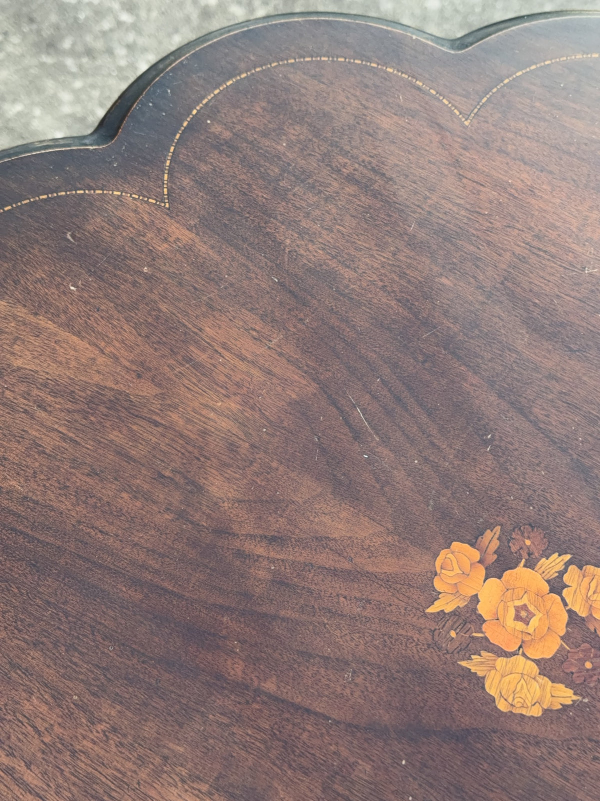 Scalloped Mahogany Tilt-Top Table With Floral Inlay