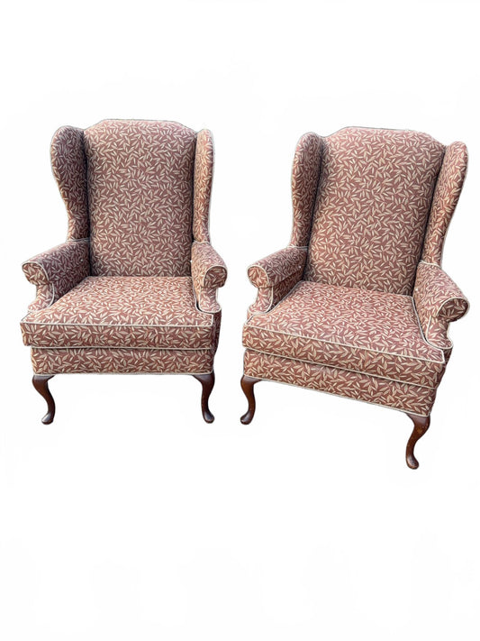Pair Upholstered Wingback Chairs With Wood Legs
