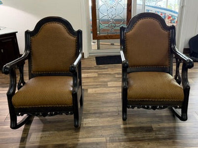 Pair Vintage Upholstered Wood Rocking Chairs Scroll Arms Nailhead Trim Rockers