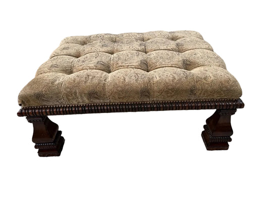 Tufted Upholstered Ottoman with Carved Wood Base